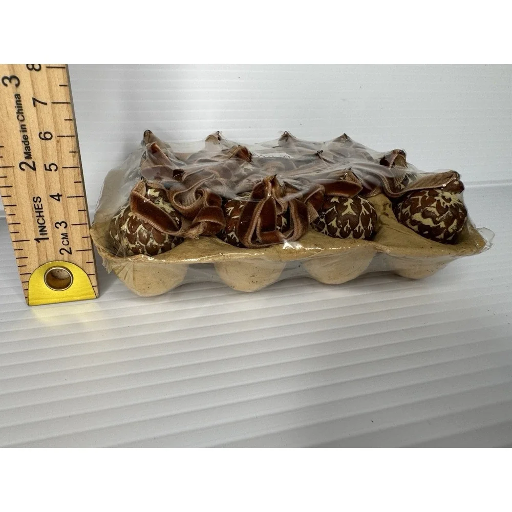 Pottery Barn Set of 12 Acorn Pine Cone Christmas Ornaments Velvet Ribbon NIP